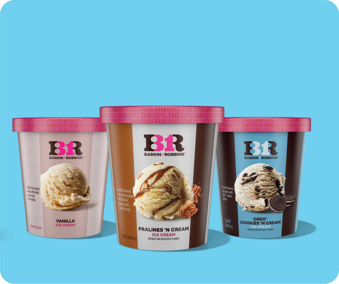 Three Baskin-Robbins ice cream tubs are displayed: Vanilla, Pralines 'n Cream, and Oreo Cookies 'n Cream, against a light blue background.