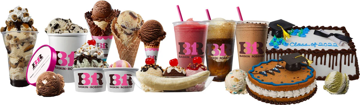 An assortment of Baskin-Robbins ice cream treats, including sundaes, cones, shakes, an ice cream cake, and a graduation-themed ice cream dessert.