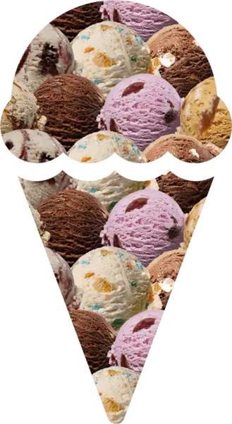 A cone-shaped collage of various ice cream scoops, including chocolate, vanilla, and lavender-colored varieties with assorted toppings and mix-ins.