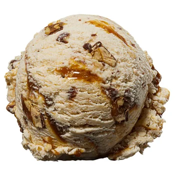 A scoop of ice cream with visible almond pieces and caramel swirls.