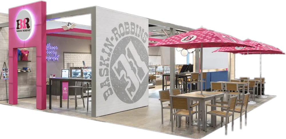 Baskin-Robbins store interior with seating area, pink umbrellas, branded decor, and ice cream displays.