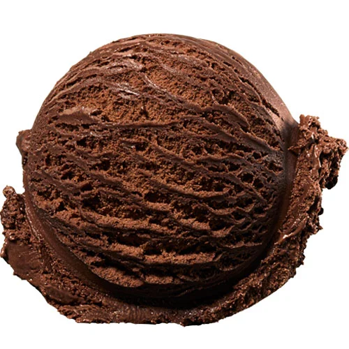 A single scoop of rich, dark chocolate ice cream with a textured surface against a plain white background.