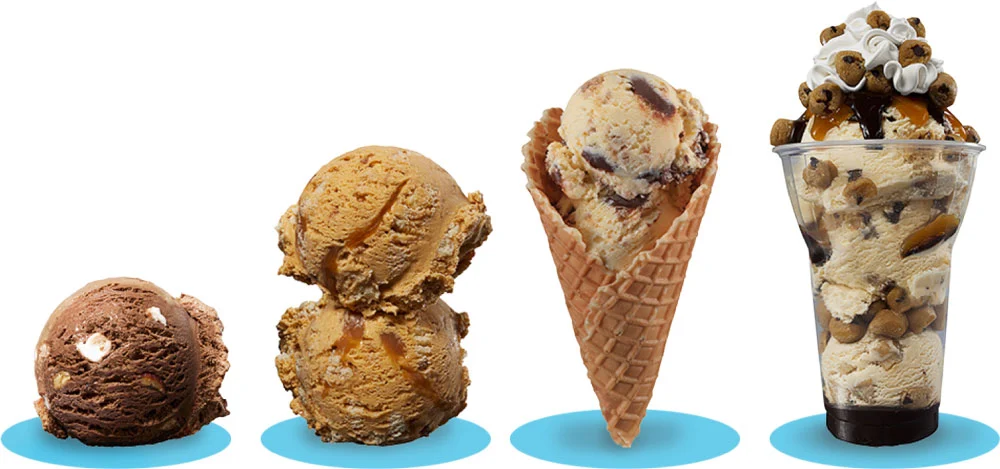 Four desserts: chocolate ice cream scoop, double caramel scoops, scoop in a waffle cone, and a sundae in a cup with toppings, all on blue circles.