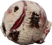 A scoop of vanilla ice cream with swirls of red berry and chunks of chocolate.