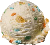 A scoop of vanilla ice cream with colorful candy pieces mixed in.