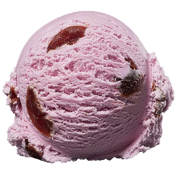 A scoop of pink ice cream with pieces of fruit mixed in.